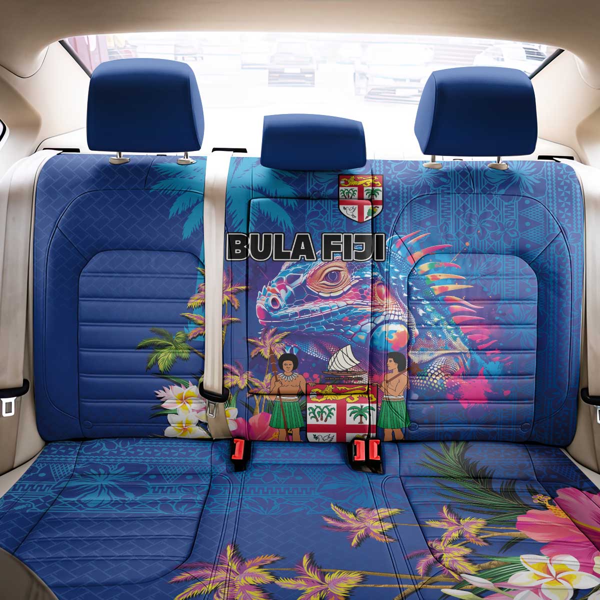 Fiji Bula Back Car Seat Cover Tropical Plants with Palm Tree and Iguana Colorful LT03 - Polynesian Pride