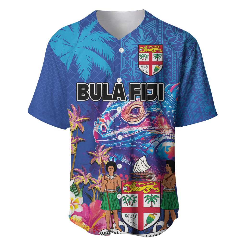 Fiji Bula Baseball Jersey Tropical Plants with Palm Tree and Iguana Colorful LT03 Blue - Polynesian Pride