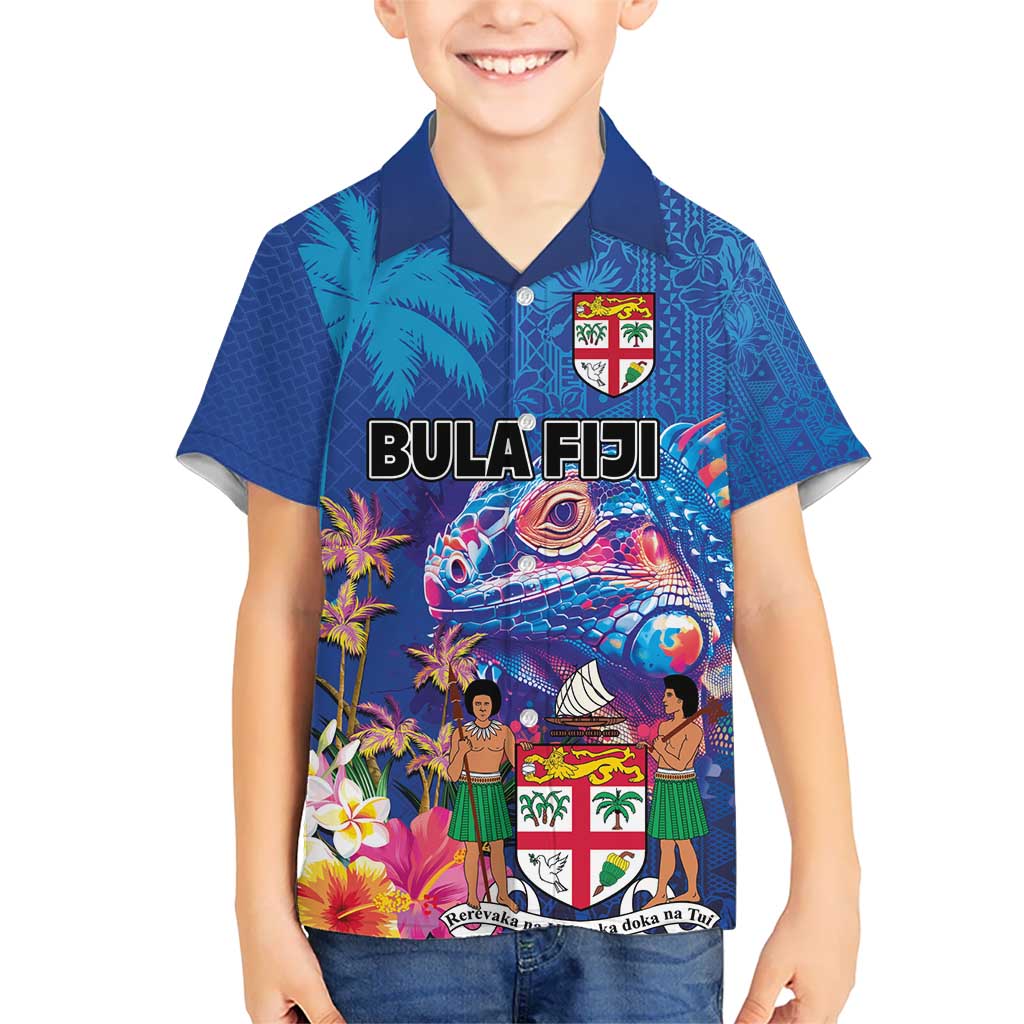 Fiji Bula Kid Hawaiian Shirt Tropical Plants with Palm Tree and Iguana Colorful LT03 Kid Blue - Polynesian Pride