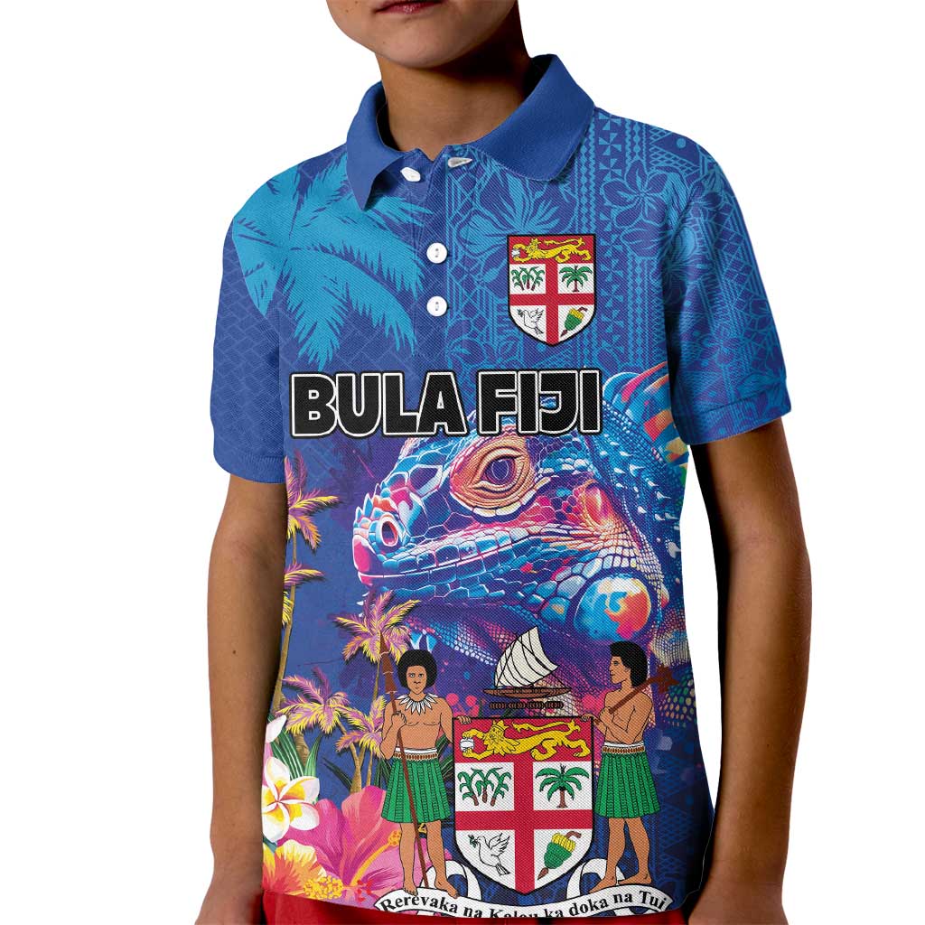 Fiji Bula Kids Polo Shirt - Tropical Plants with Palm Tree and Iguana - Colorful LT03 Kid Blue - Polynesian Pride