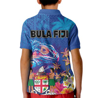 Fiji Bula Kids Polo Shirt - Tropical Plants with Palm Tree and Iguana - Colorful LT03 - Polynesian Pride