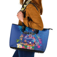 Fiji Bula Leather Tote Bag Tropical Plants with Palm Tree and Iguana Colorful LT03 Blue - Polynesian Pride