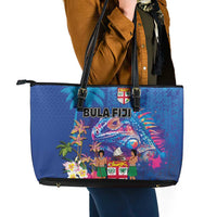 Fiji Bula Leather Tote Bag Tropical Plants with Palm Tree and Iguana Colorful LT03 - Polynesian Pride