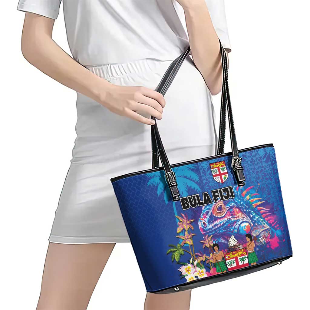 Fiji Bula Leather Tote Bag Tropical Plants with Palm Tree and Iguana Colorful LT03 - Polynesian Pride