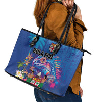 Fiji Bula Leather Tote Bag Tropical Plants with Palm Tree and Iguana Colorful LT03 - Polynesian Pride
