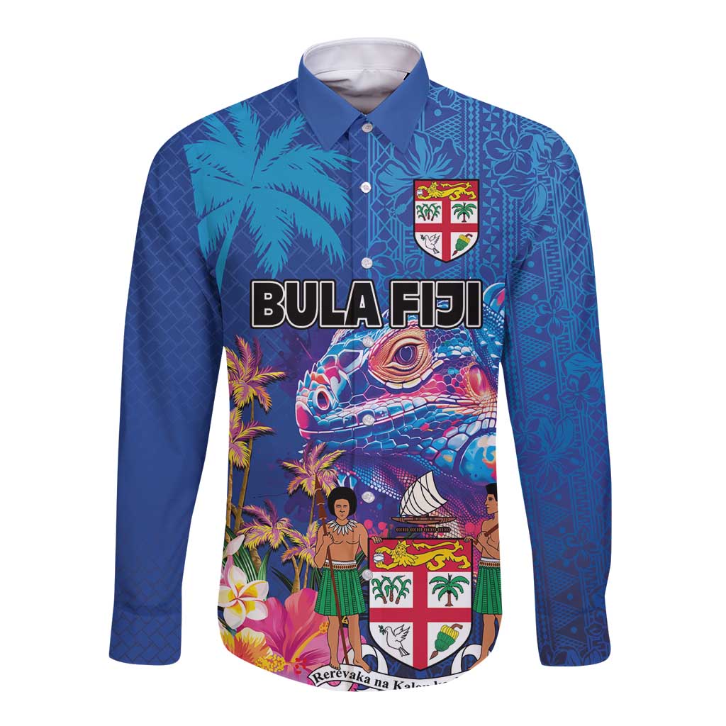 Fiji Bula Long Sleeve Button Shirt Tropical Plants with Palm Tree and Iguana Colorful LT03 Unisex Blue - Polynesian Pride