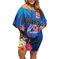 Fiji Bula Off Shoulder Short Dress Tropical Plants with Palm Tree and Iguana Colorful LT03 Women Blue - Polynesian Pride