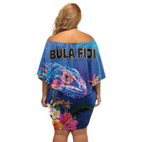 Fiji Bula Off Shoulder Short Dress Tropical Plants with Palm Tree and Iguana Colorful LT03 - Polynesian Pride