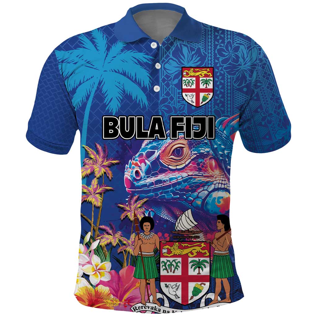 Fiji Bula Polo Shirt - Tropical Plants with Palm Tree and Iguana - Colorful LT03 Blue - Polynesian Pride