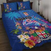 Fiji Bula Quilt Bed Set Tropical Plants with Palm Tree and Iguana Colorful LT03 Blue - Polynesian Pride