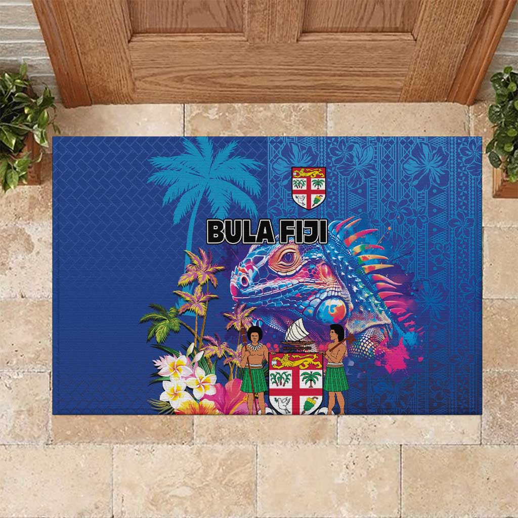Fiji Bula Rubber Doormat Tropical Plants with Palm Tree and Iguana Colorful LT03 Blue - Polynesian Pride