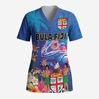 Fiji Bula Scrub Top Tropical Plants with Palm Tree and Iguana Colorful LT03 Adult Blue - Polynesian Pride