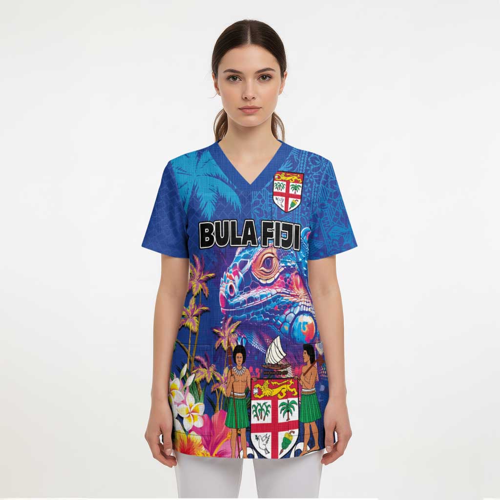 Fiji Bula Scrub Top Tropical Plants with Palm Tree and Iguana Colorful LT03 - Polynesian Pride