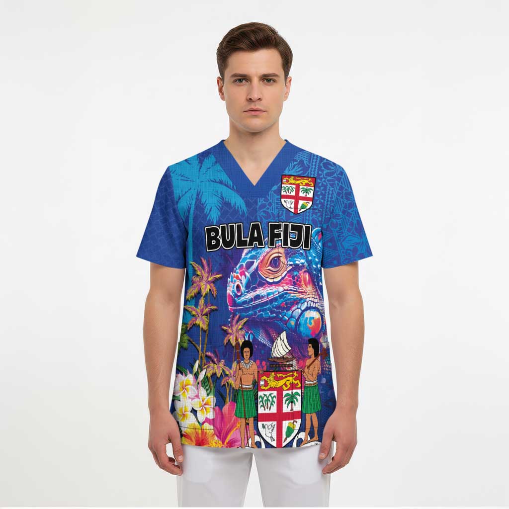 Fiji Bula Scrub Top Tropical Plants with Palm Tree and Iguana Colorful LT03 - Polynesian Pride