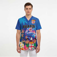 Fiji Bula Scrub Top Tropical Plants with Palm Tree and Iguana Colorful LT03 - Polynesian Pride