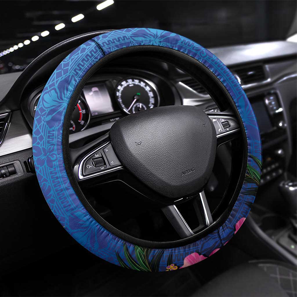 Fiji Bula Steering Wheel Cover Tropical Plants with Palm Tree and Iguana Colorful LT03 Universal Fit Blue - Polynesian Pride