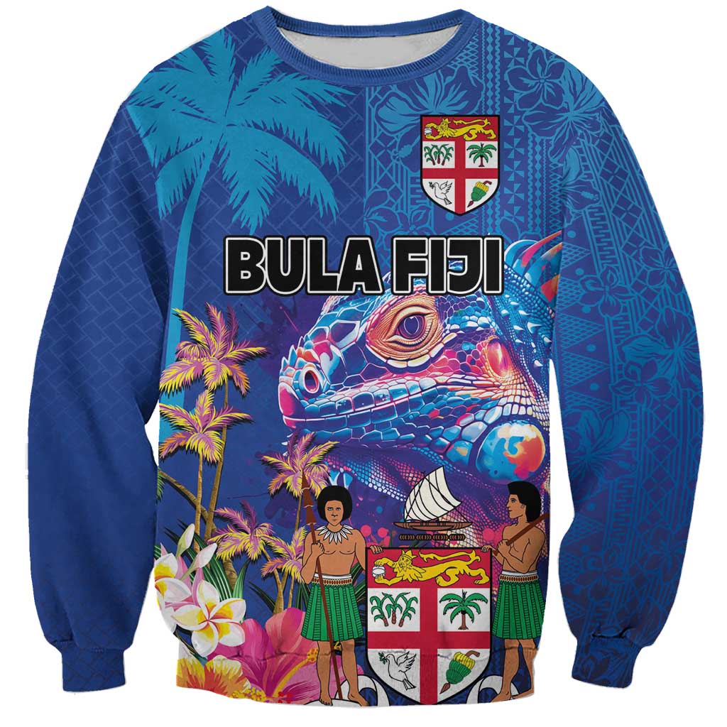 Fiji Bula Sweatshirt Tropical Plants with Palm Tree and Iguana Colorful LT03 Unisex Blue - Polynesian Pride