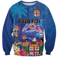 Fiji Bula Sweatshirt Tropical Plants with Palm Tree and Iguana Colorful LT03 Unisex Blue - Polynesian Pride