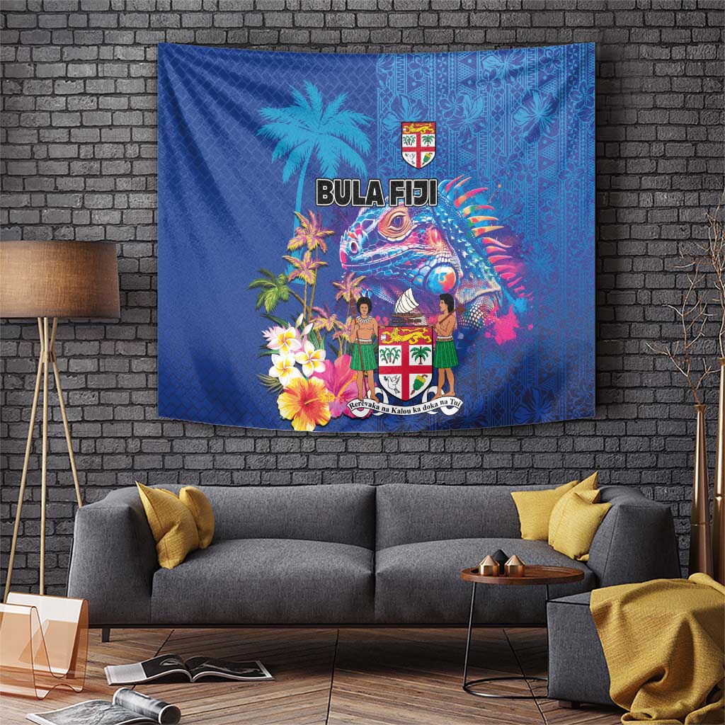 Fiji Bula Tapestry Tropical Plants with Palm Tree and Iguana Colorful LT03 Blue - Polynesian Pride