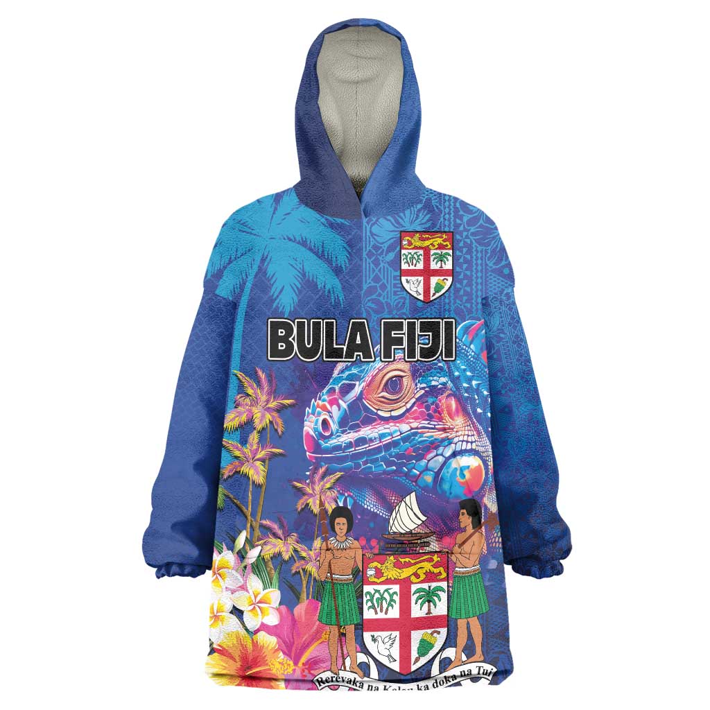 Fiji Bula Wearable Blanket Hoodie Tropical Plants with Palm Tree and Iguana Colorful LT03 One Size Blue - Polynesian Pride
