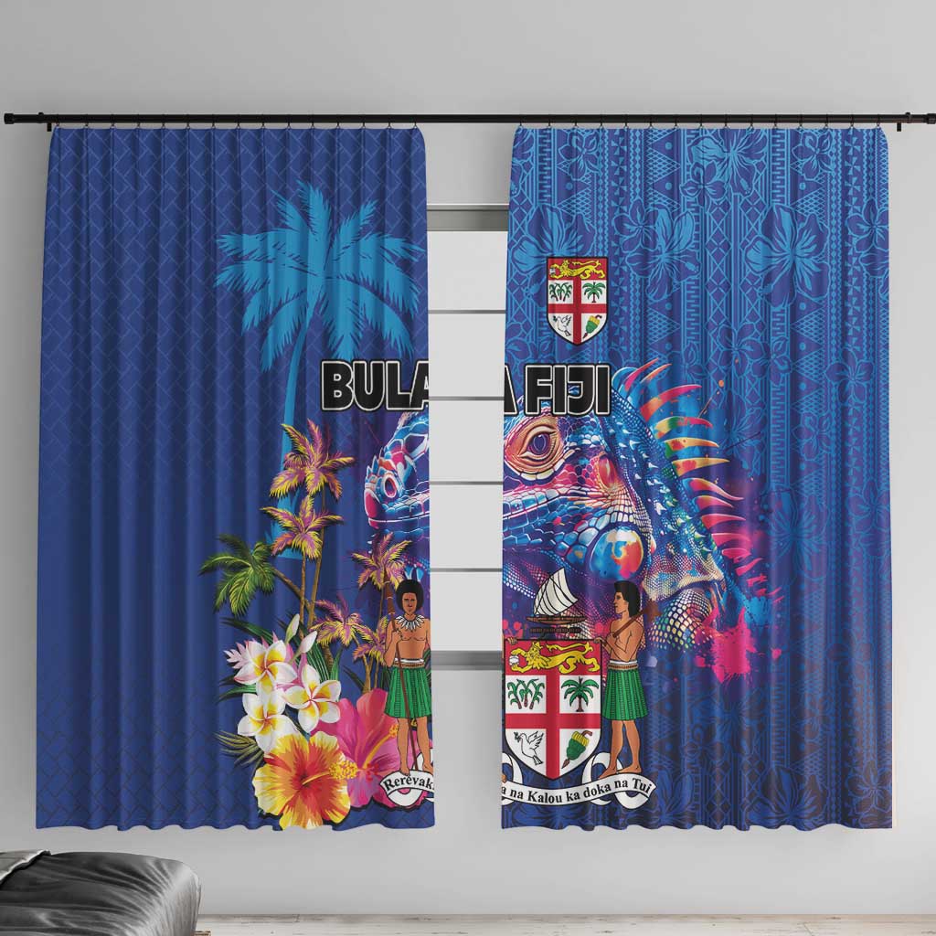 Fiji Bula Window Curtain Tropical Plants with Palm Tree and Iguana Colorful LT03 With Hooks Blue - Polynesian Pride