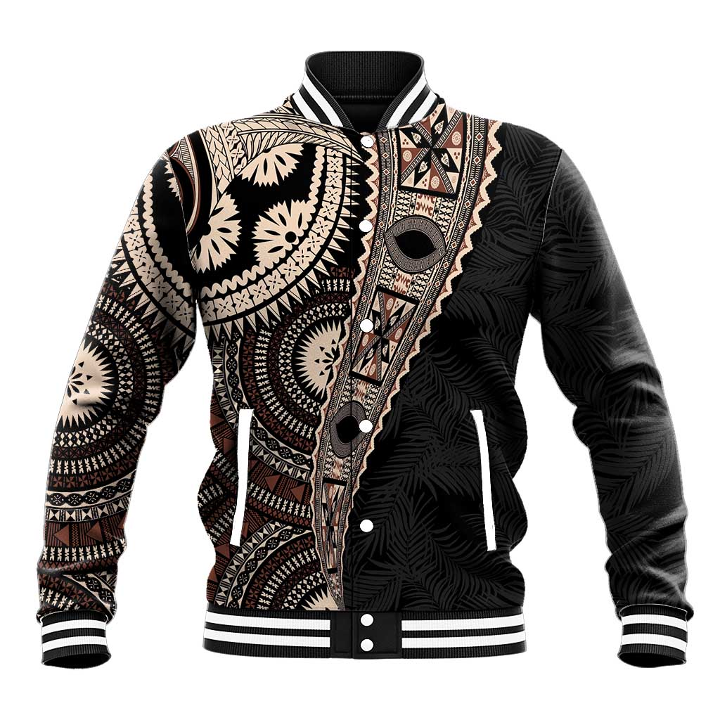 Fiji Traditional Masi Baseball Jacket Tapa Art Palm Leaves Pattern LT03 Unisex Brown - Polynesian Pride