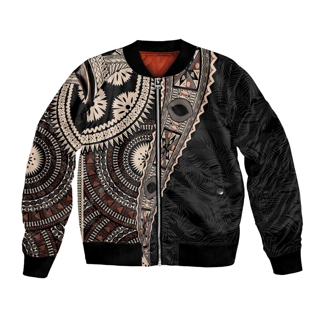 Fiji Traditional Masi Bomber Jacket Tapa Art Palm Leaves Pattern LT03 Unisex Brown - Polynesian Pride