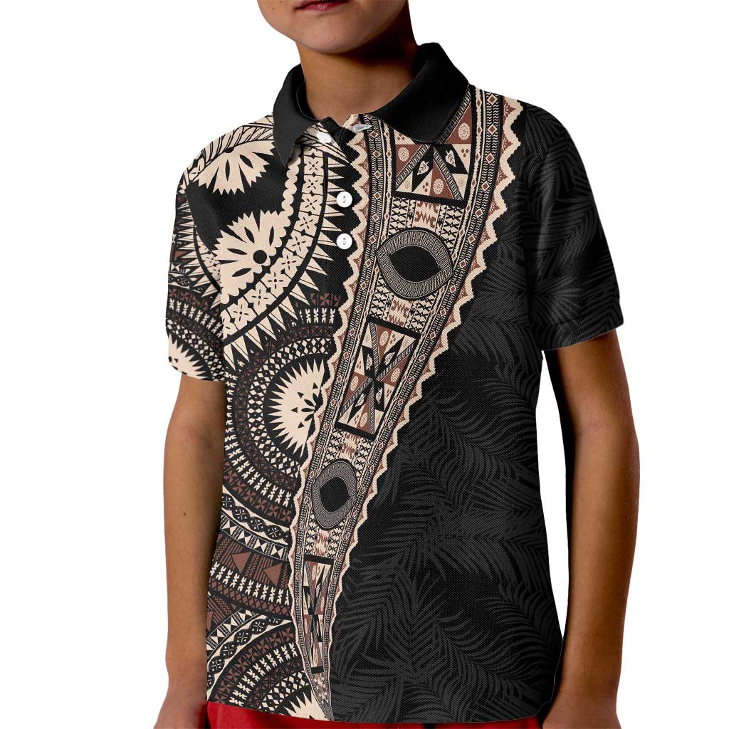 Fiji Traditional Masi Kid Polo Shirt Tapa Art Palm Leaves Pattern LT03 Kid Brown - Polynesian Pride