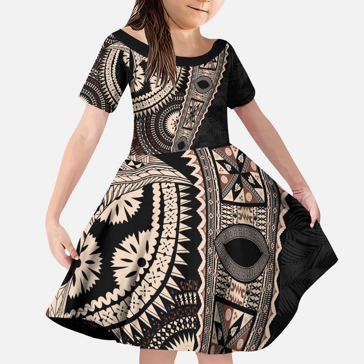 Fiji Traditional Masi Kid Short Sleeve Dress Tapa Art Palm Leaves Pattern LT03 KID Brown - Polynesian Pride