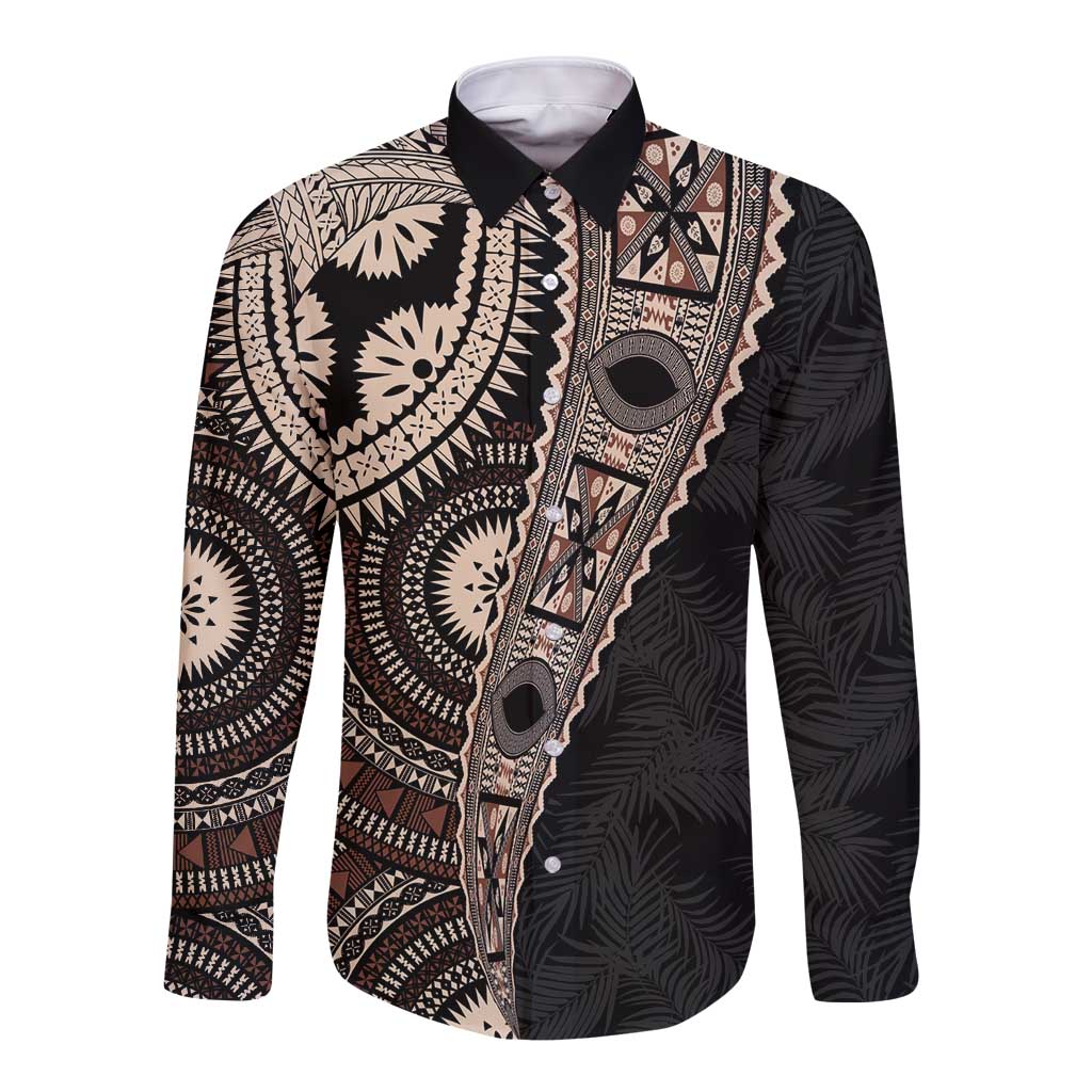 Fiji Traditional Masi Long Sleeve Button Shirt Tapa Art Palm Leaves Pattern LT03 Unisex Brown - Polynesian Pride