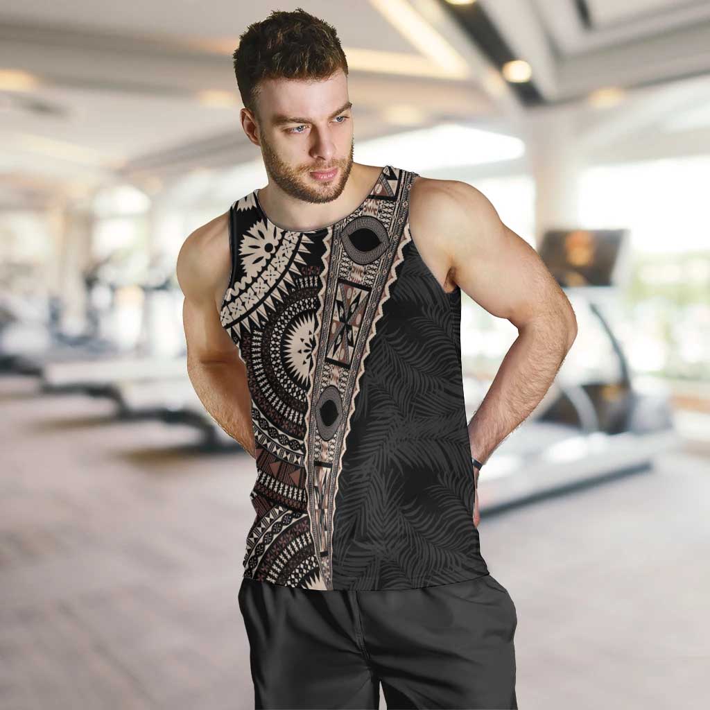 Fiji Traditional Masi Men Tank Top Tapa Art Palm Leaves Pattern LT03 Brown - Polynesian Pride