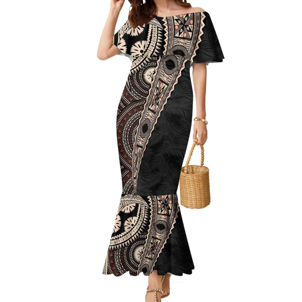 Fiji Traditional Masi Mermaid Dress Tapa Art Palm Leaves Pattern LT03 Women Brown - Polynesian Pride