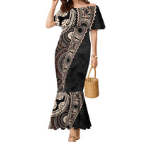 Fiji Traditional Masi Mermaid Dress Tapa Art Palm Leaves Pattern LT03 Women Brown - Polynesian Pride