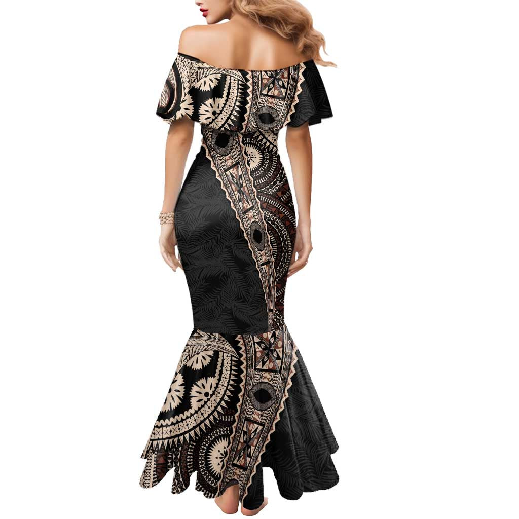 Fiji Traditional Masi Mermaid Dress Tapa Art Palm Leaves Pattern LT03 - Polynesian Pride