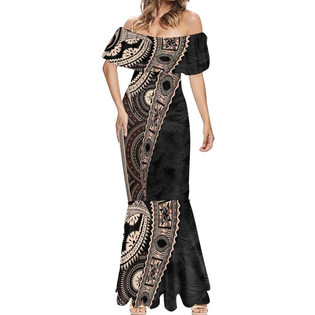 Fiji Traditional Masi Mermaid Dress Tapa Art Palm Leaves Pattern LT03 - Polynesian Pride