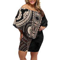 Fiji Traditional Masi Off Shoulder Short Dress Tapa Art Palm Leaves Pattern LT03 Women Brown - Polynesian Pride