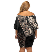 Fiji Traditional Masi Off Shoulder Short Dress Tapa Art Palm Leaves Pattern LT03 - Polynesian Pride