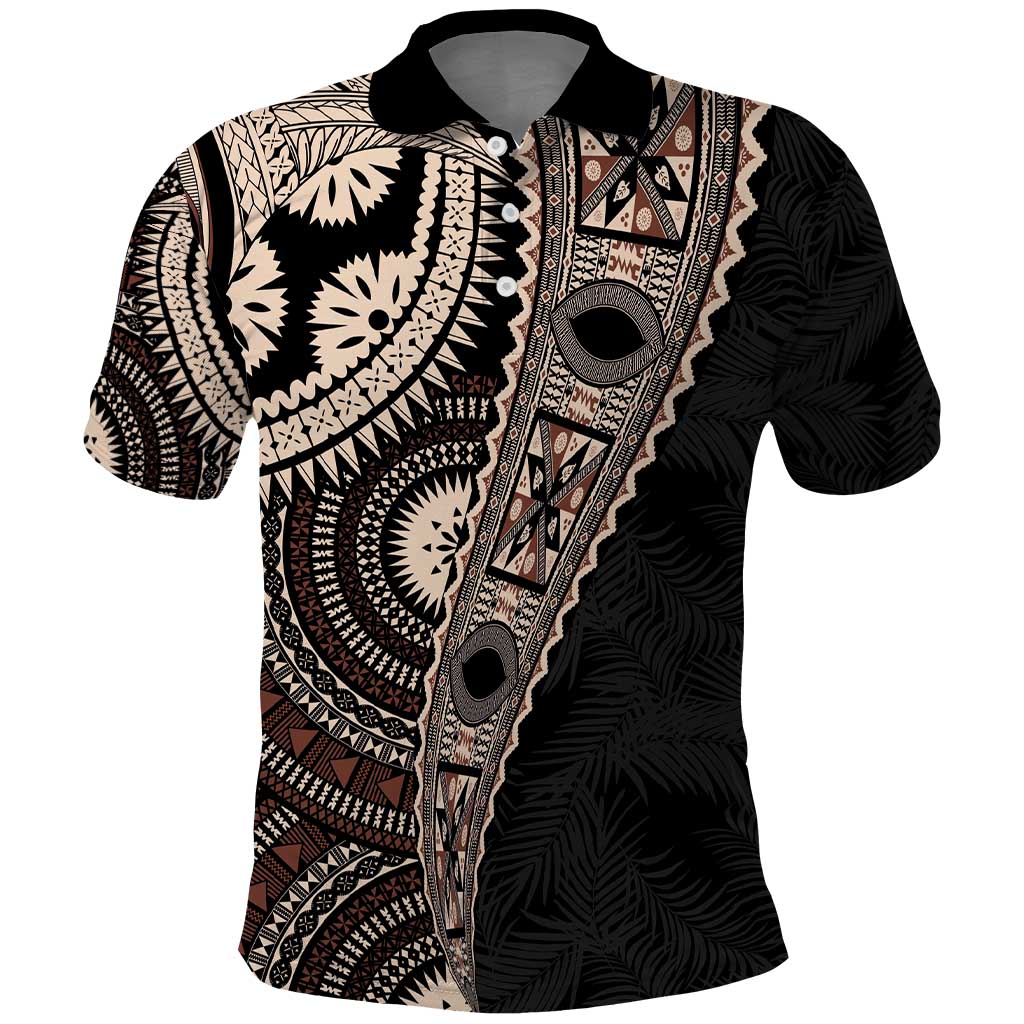 Fiji Traditional Masi Polo Shirt Tapa Art Palm Leaves Pattern LT03 Brown - Polynesian Pride
