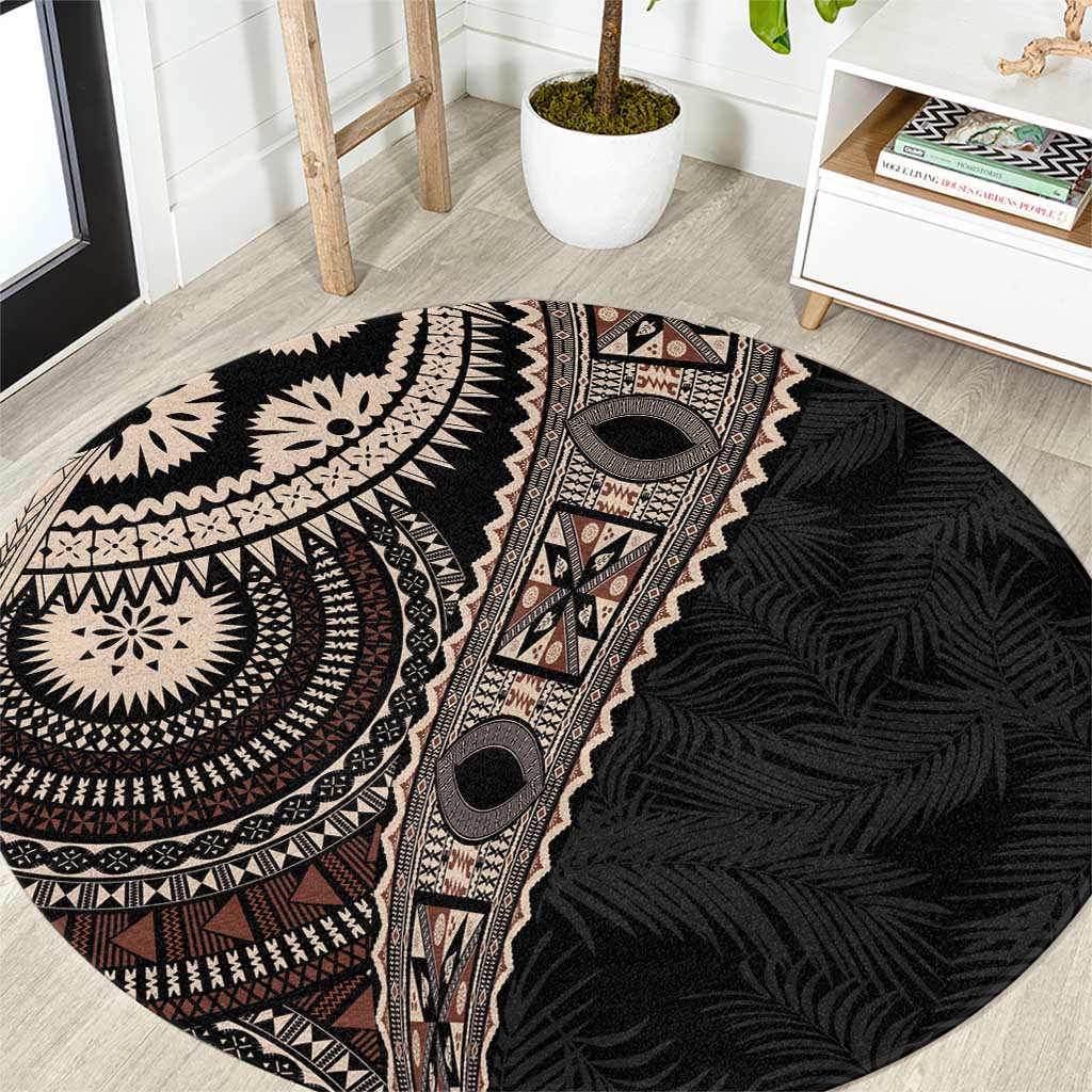 Fiji Traditional Masi Round Carpet Tapa Art Palm Leaves Pattern LT03 Brown - Polynesian Pride