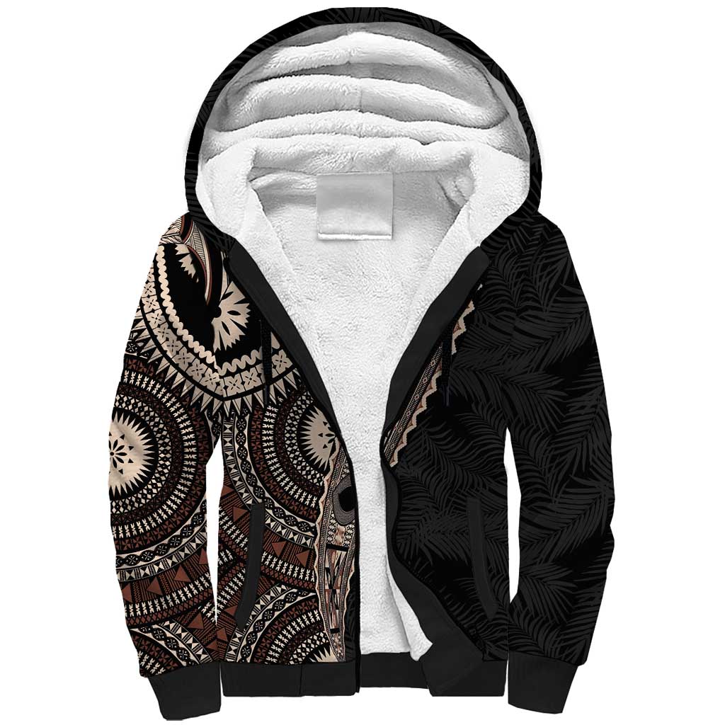 Fiji Traditional Masi Sherpa Hoodie Tapa Art Palm Leaves Pattern LT03 Unisex Brown - Polynesian Pride