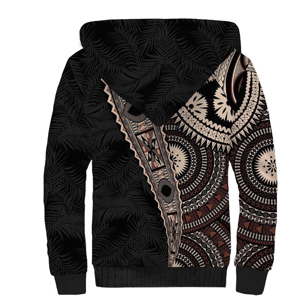 Fiji Traditional Masi Sherpa Hoodie Tapa Art Palm Leaves Pattern LT03 - Polynesian Pride