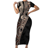 Fiji Traditional Masi Short Sleeve Bodycon Dress Tapa Art Palm Leaves Pattern LT03 Long Dress Brown - Polynesian Pride