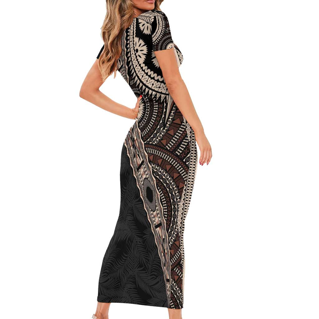 Fiji Traditional Masi Short Sleeve Bodycon Dress Tapa Art Palm Leaves Pattern LT03 - Polynesian Pride