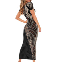 Fiji Traditional Masi Short Sleeve Bodycon Dress Tapa Art Palm Leaves Pattern LT03 - Polynesian Pride