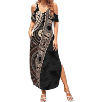 Fiji Traditional Masi Summer Maxi Dress Tapa Art Palm Leaves Pattern LT03 Women Brown - Polynesian Pride