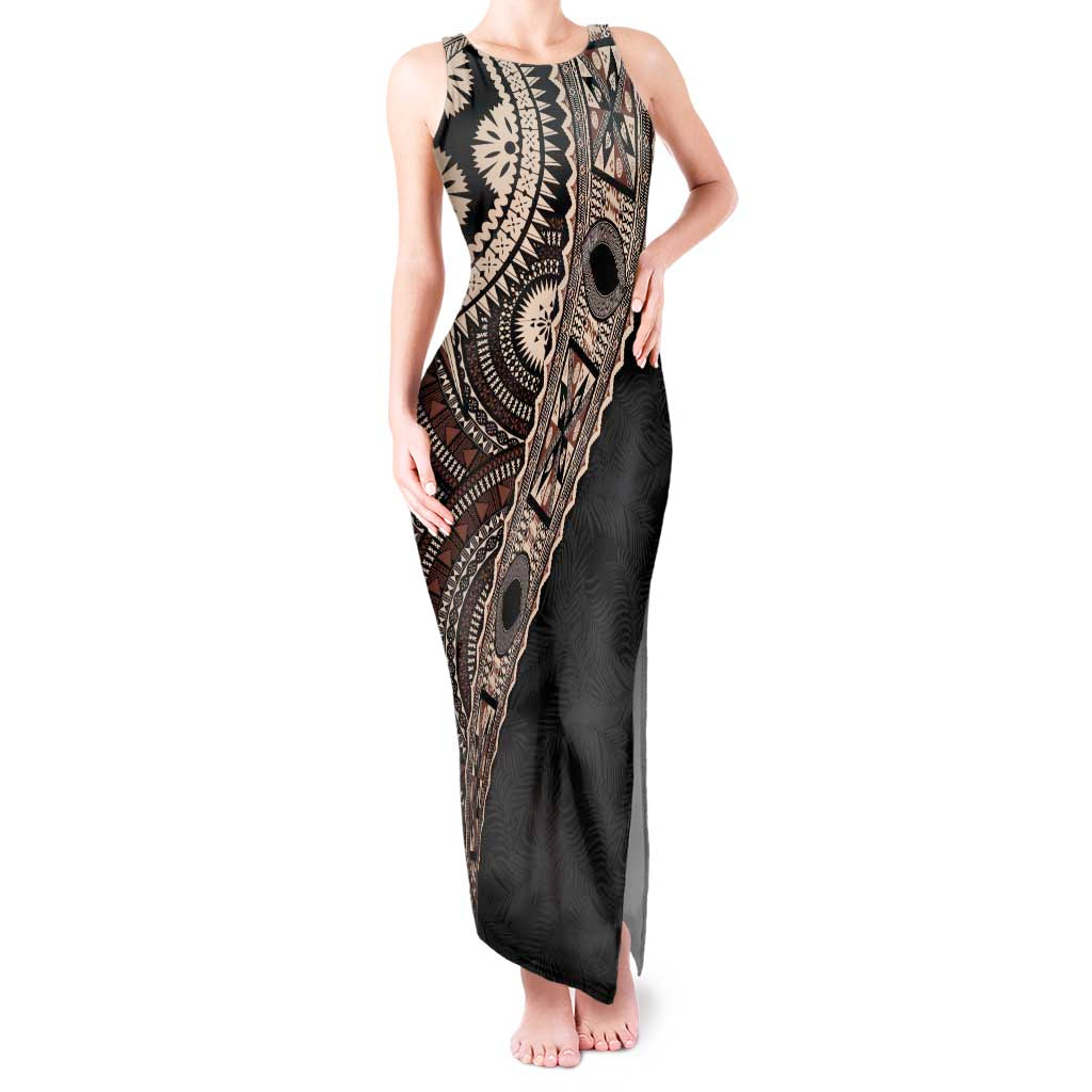 Fiji Traditional Masi Tank Maxi Dress Tapa Art Palm Leaves Pattern LT03 Women Brown - Polynesian Pride