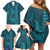 Aloha Hawaii Whale Kakau and Polynesian Tattoo Family Matching Off Shoulder Short Dress and Hawaiian Shirt Turquoise Color