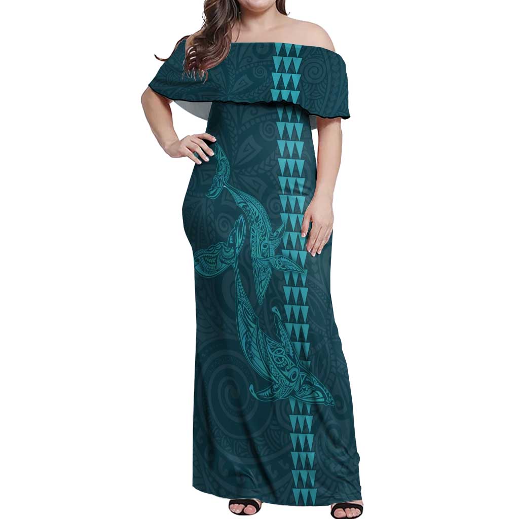 Aloha Hawaii Whale Kakau and Polynesian Tattoo Off Shoulder Maxi Dress Turquoise Color LT03 Women Turquoise - Polynesian Pride