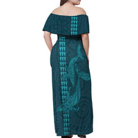 Aloha Hawaii Whale Kakau and Polynesian Tattoo Off Shoulder Maxi Dress Turquoise Color LT03 - Polynesian Pride