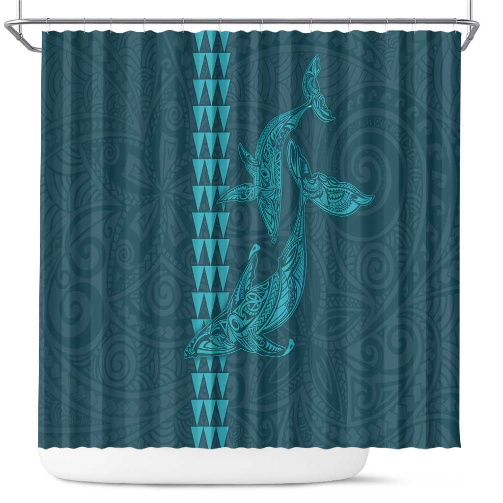 Aloha Hawaii Whale Kakau and Polynesian Tattoo Shower Curtain Turquoise Color